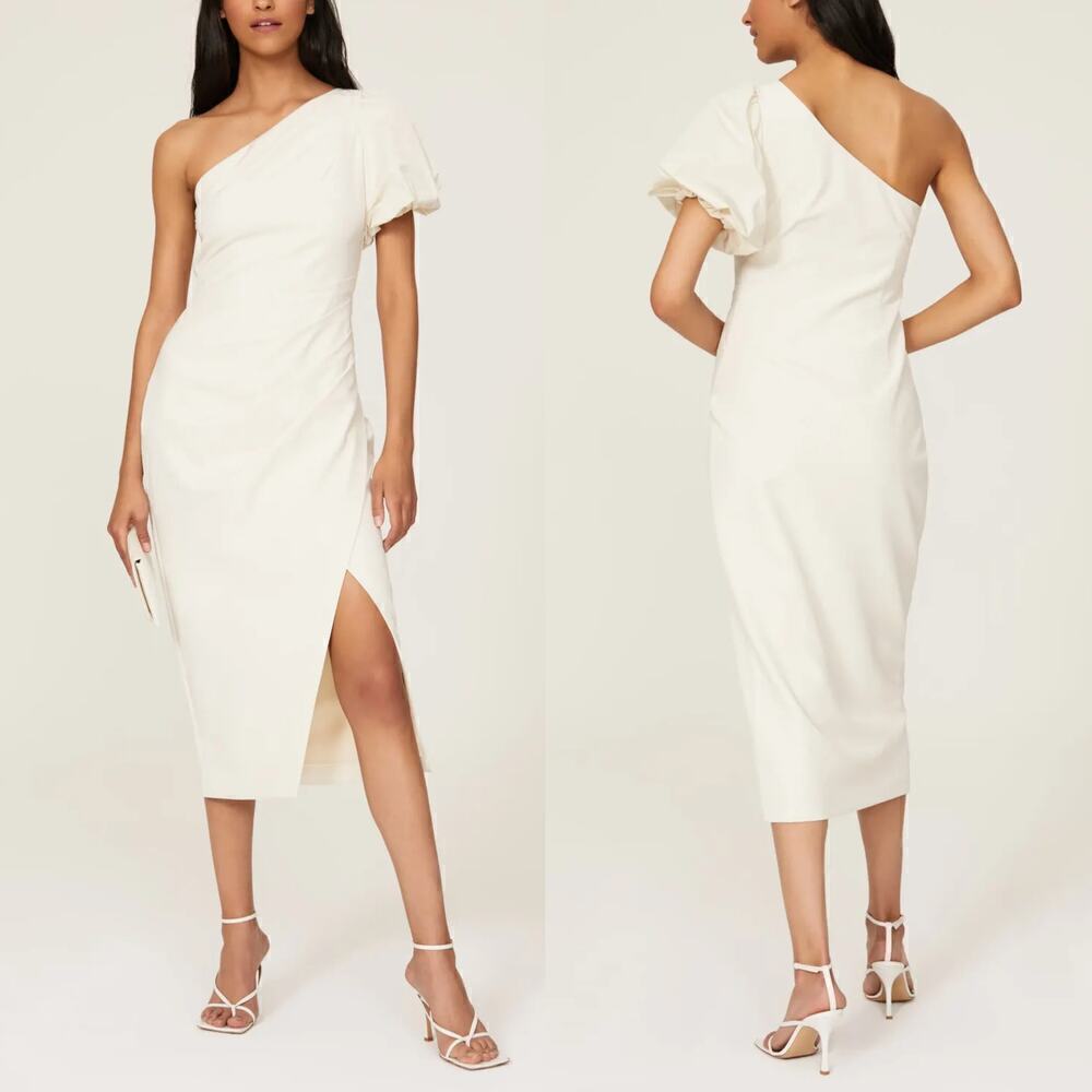 Lauren Ralph Lauren Annona Dress One Shoulder Puff Sleeve Sheath Midi Cream 2